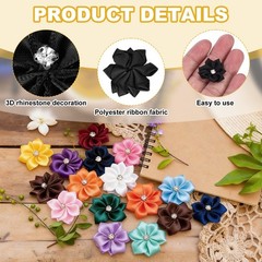 100 Pcs Ribbon Flowers, 1.2 in Fabric Flowers with Rhinestones, Black