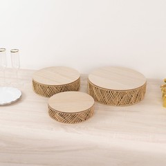 3 Natural Pedestal Cake Stands Jute Rattan with Wooden Top Plates Wedding