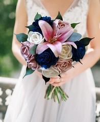 Stargazer Lily Bridal Cascading Bouquet Pink & Navy Sola Wood Cascade Bridesmaid