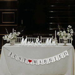 Large White Wooden Mr & Mrs Sign with Just Married Banner White Sweetheart Table