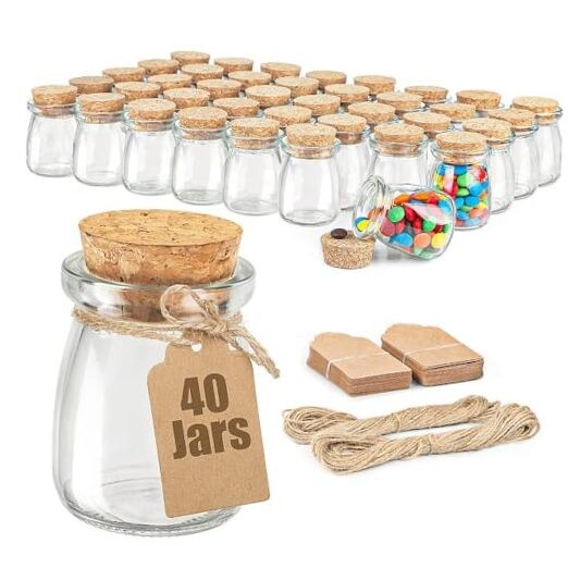 40 Pack Glass Favor Jars with Cork Lid, 3.4 oz Small Glass Bottles for Wedding