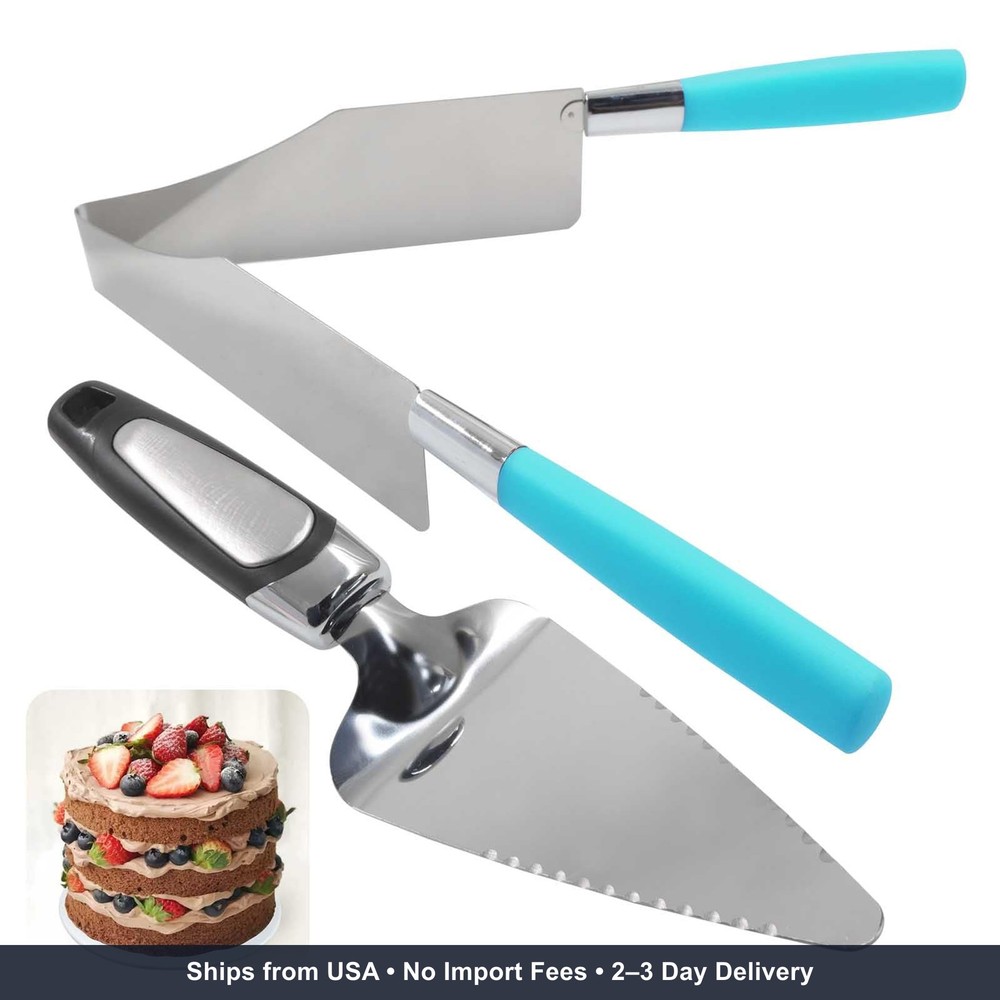 2PC Blue Cake Slicer Server Stainless Steel Serrated Cutter Dessert Pizza Pie