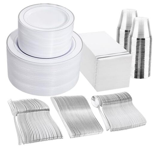 700PCS Silver Plastic Plates – Silver Plate Set 100Guest – Silver Rim