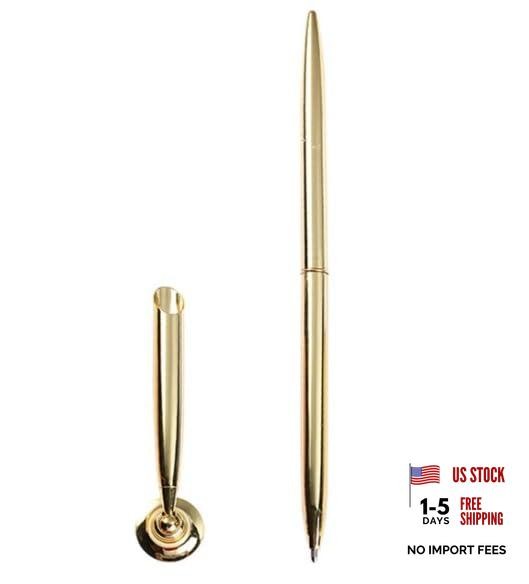 Gold Pen & Pen Stand Round Pen Holder – Metal Attached Desk – Signing Pen Set