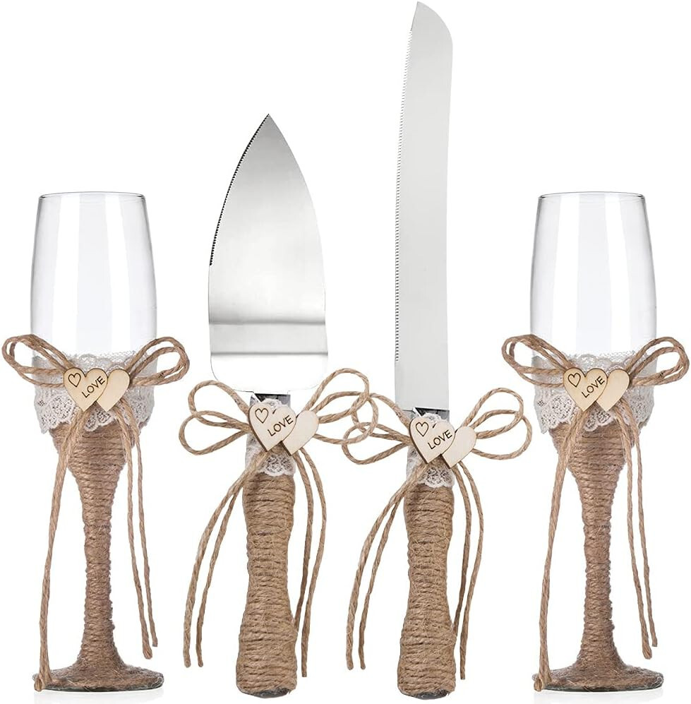4 Pcs Set Rustic-Style Wedding Cake Knife and Server Set with Champagne Glasses