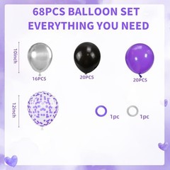68pcs Black Purple Balloons Kit, Matte Metallic Confetti Latex Blackish Purple