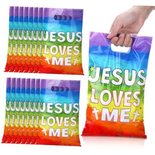 Pieces Gift Bags Bulk Religious VBS Plastic Treat Bags with 50 Jesus Loves Me