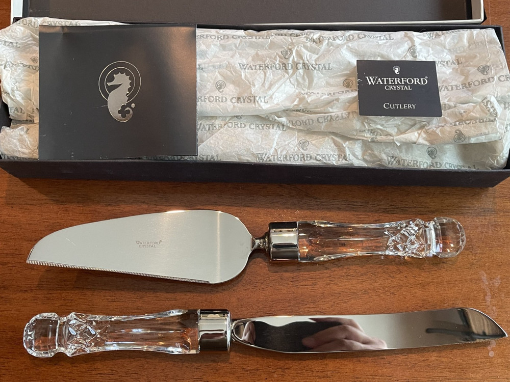 Waterford Crystal Lismore Offset Cake Knife Server Bridal Set 2 Piece NIB
