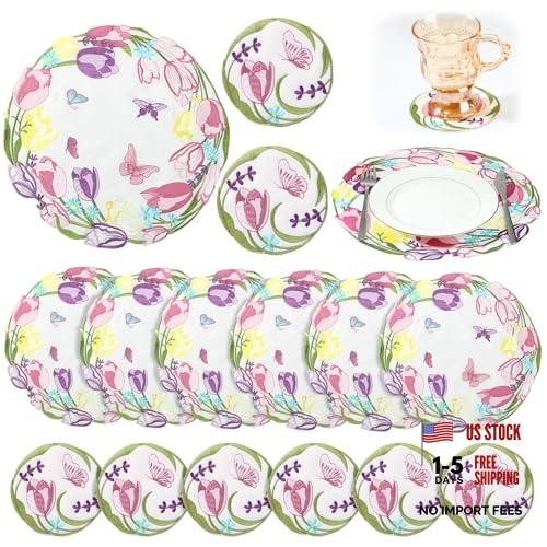 12 Pcs 14″ Spring Floral Embroidered Placemats and Coaster Set of Tulips