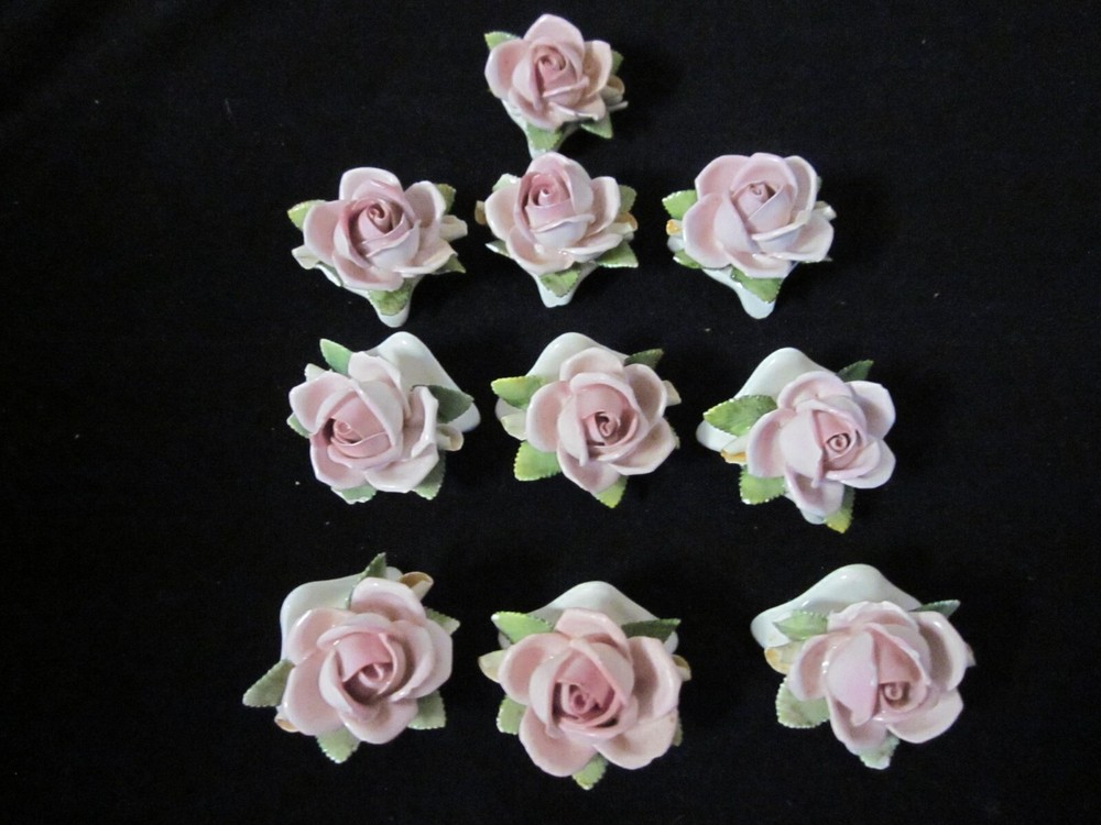 Lot of 10 Handarbeit Germany Porcelain Pink Cabbage rose Place card holders