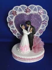 New Medium Dark skin Bride & Groom Wedding CakeTop, pink decor & heart, #334