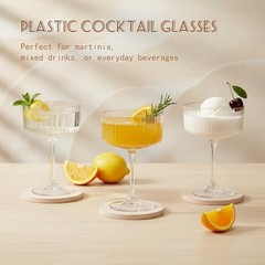 Plastic Martini Glasses 10oz, Detachable Ribbed Coupe Glasses 24 Transparent