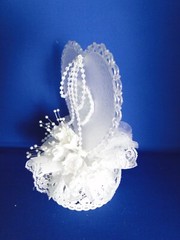 New Elegant Wedding Caketop frosted glass look heart & white satin flowers #269
