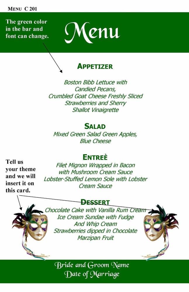 100 MENUS Wedding Graduation Bar Mitzvah Color customize with Information