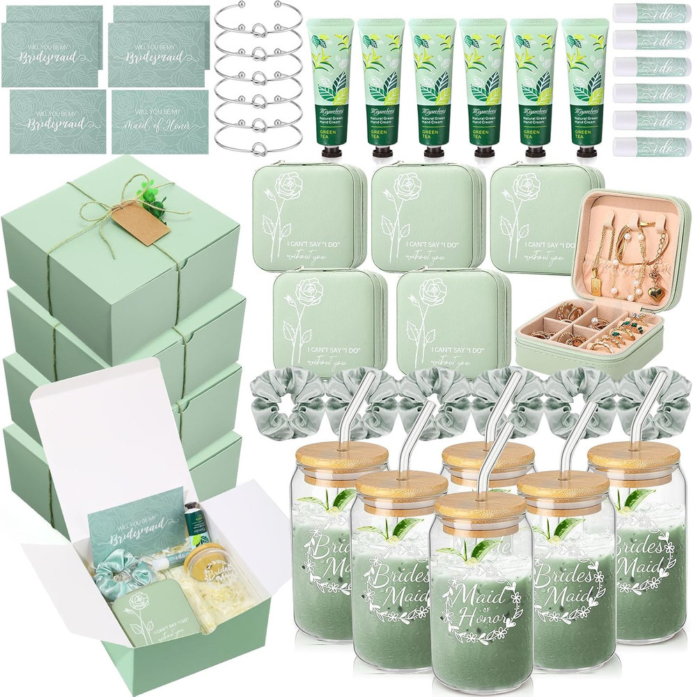 60 Pcs Bridesmaid Proposal Gift Set – Jewelry Box, Glass Cup, Scrunchies & More