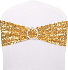 50 Pack Sequin Stretch Chair Sashes Spandex Bands Wedding Decor Gold
