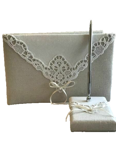 Guest Book and Pen Set, Lillian Rose Country Lace, White and Ivory