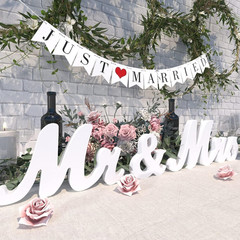 Large White Wooden Mr & Mrs Sign with Just Married Banner White Sweetheart Table