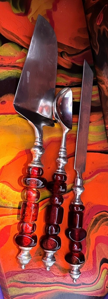 Wedding Cake Cutting Set From India With Icecream Scoop Lg Red Glass Beads