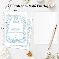 25 PCS Blue Floral Wedding Invitation Cards With Envelopes Mr And Mrs