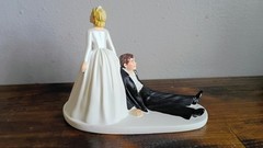 Wedding Cake Topper Figurine Funny Bride Dragging Reluctant Groom Shot Gun Blond