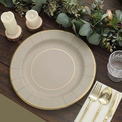 TAUPE 25 Round 13″ PAPER CHARGER PLATES Metallic Rim Party Events Tableware