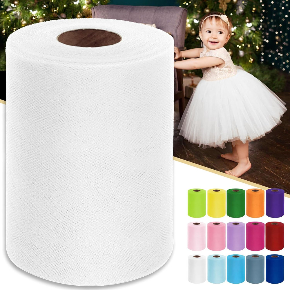 White Tulle Fabric Roll 6 Inch by 100 Yards (300 Feet) Sheer Tulle Ribbon for Ch