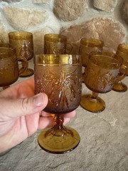Vintage Glass Set of 8 Goblet MCM Orange Colored Raised Pattern Goblet 5.5″ tall