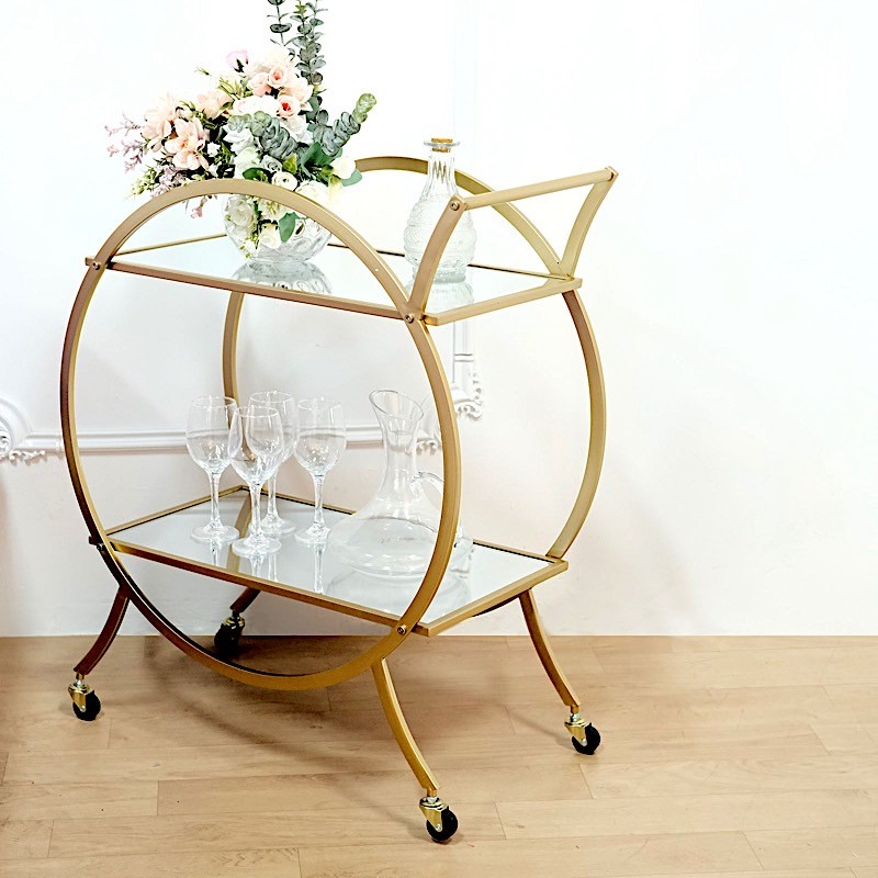 GOLD 2.5ft tall 2-Tier Round Metal Bar Cart Mirror Glass Serving Trays Party