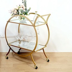 GOLD 2.5ft tall 2-Tier Round Metal Bar Cart Mirror Glass Serving Trays Party