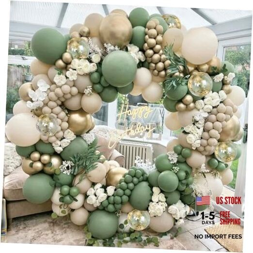 Sage Green White Sand Balloon Arch Kit, Green Beige Gold Metallic Sage Gold
