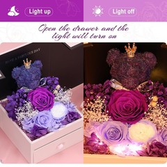 Valentines Day Gifts for Her Preserved Real Rose with Bear Flower-purple