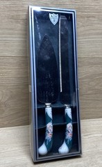 Sheffield England Cake Knife Server Set Floral Porcelain Handles Box Vintage USA