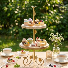 Double-Level Dessert Stand Decorative Dessert Stand Featuring Wooden Shelves