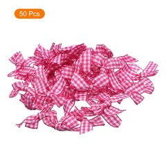 50Pcs Mini Gingham Ribbon Bow Checkered Ribbon Flower Bows Deep Pink and White
