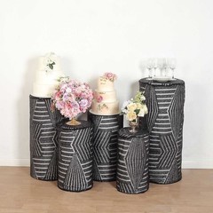5 BLACK Geometric Sequins Cylinder Display STAND COVERS Set Party Decorations