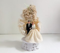 Vintage ‘60s Bride & Groom Cake Topper–Cotton Flowers, Ribbon, Lace, Plastic
