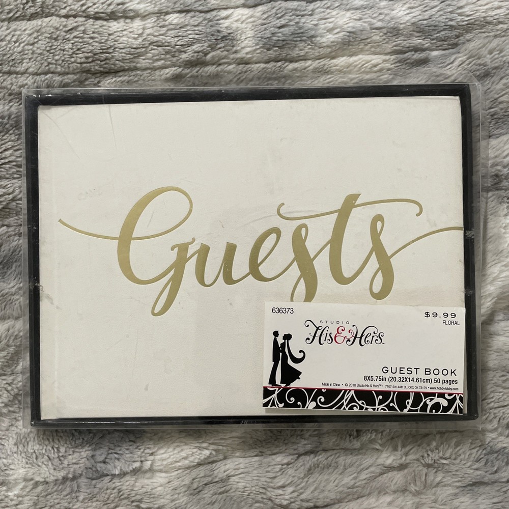 Studio His & Hers White Guest Book Gold Letters 8X5.75in 50 Pages Bridal Wedding