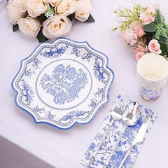 25 White 10″ Paper Dessert Plates Blue Floral Print Scalloped Rim Party Events