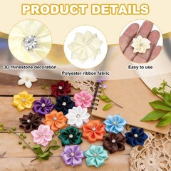 100Pcs Ribbon Flowers 1.2 in Fabric Flowers with Rhinestones Beige