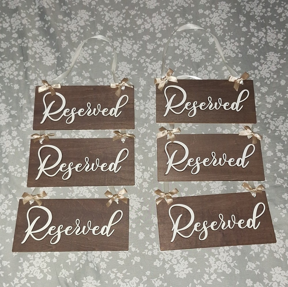 Set of 6 Hanging Wooden Reserved Wedding Signs w/ Ribbon, Brown/White