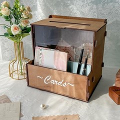 Wooden Wedding Card Box with Flower Trough, Brown Gift Card Box for Wedding w…