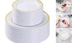 Plastic Plate, Disposable Party Plates with 50 Dinner Plates and 100PCS Gold