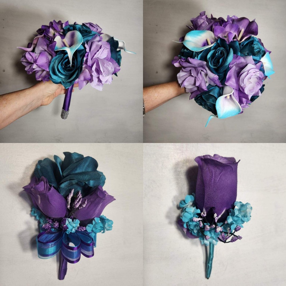 Light Purple Teal Rose Calla Lily Bridal Wedding Bouquet Accessories