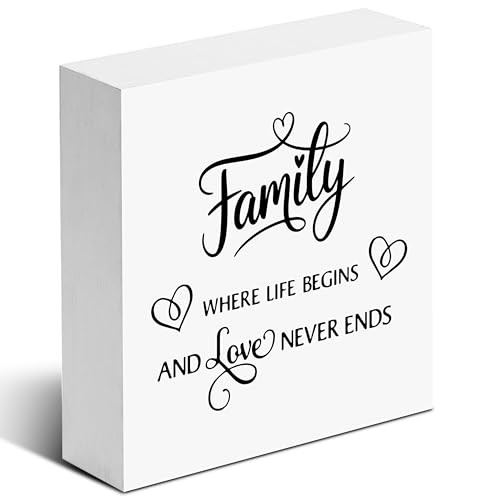 Family Sign, Wooden Box Decor 5×5 in Family Shelf Decor, Family Plaque White