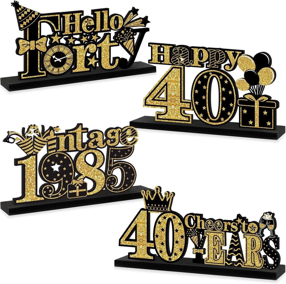 4 Pieces 40th Birthday Decorations Wooden Vintage 1985 Table Black Gold