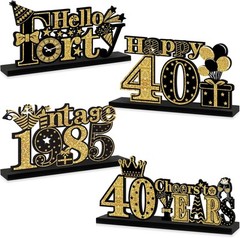 4 Pieces 40th Birthday Decorations Wooden Vintage 1985 Table Black Gold