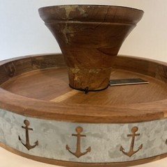 Cake Stand Riser 4.5” High 11” Round Wood Galvanized Metal Band Trim India Made