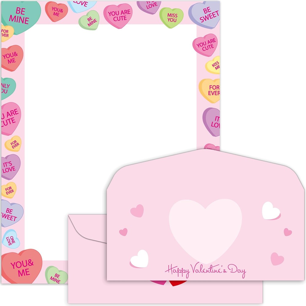 50 Pack Valentine’s Day Letterhead with Envelopes Love Heart Border Colorful