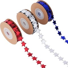 3 Rolls Ribbon 15 Yards – Red White Blue Metallic 0.59″ Stars Patriotic Star